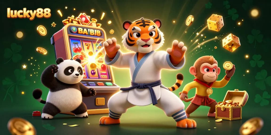 Experience the thrilling action of lucky88 with a kung fu tiger, panda, and monkey amidst exciting casino elements.