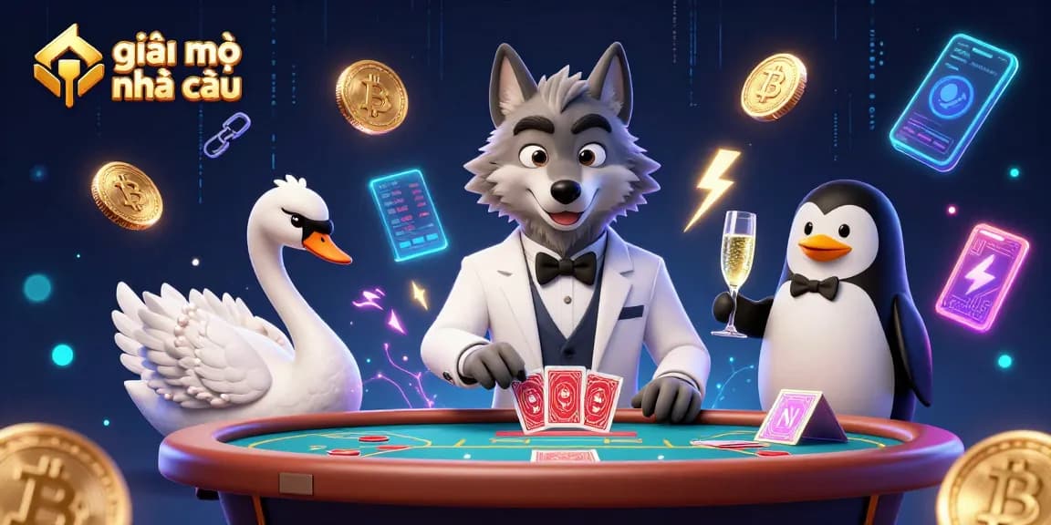 Enhance understanding of giải mã nhà cái with a vibrant 3D casino scene featuring a debonair wolf, an elegant swan, and a penguin sommelier.