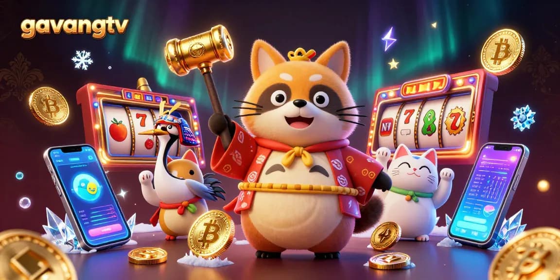 Experience excitement at gavangtv with a cheerful tanuki character amidst vibrant casino-themed elements.