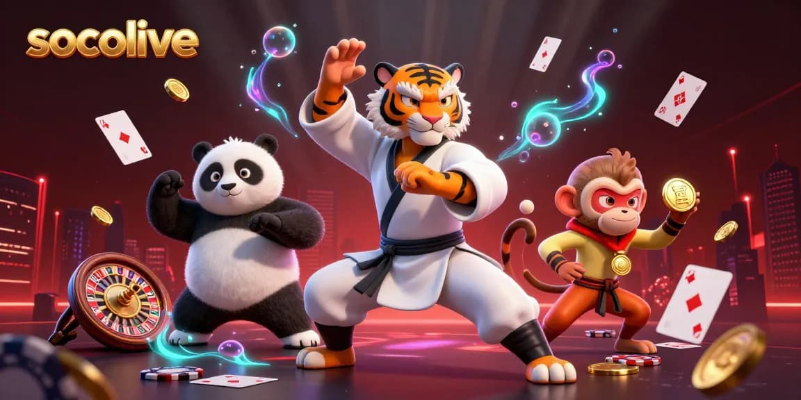 Socolive presents a vibrant scene of a tiger master in an energetic pose with playful characters amidst casino elements.