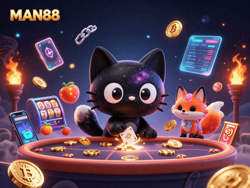 Experience the captivating universe of MAN88 with golden chips and cosmic characters in a vibrant casino.