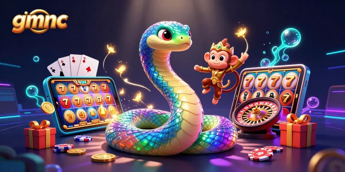 Play, win, and thrive with gmnc in this vibrant and dynamic casino scene featuring a whimsical rainbow serpent.