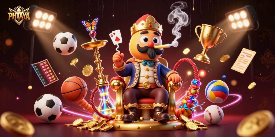 PHTAYA features a vibrant 3D gaming scene with a caterpillar master and dynamic sports elements.
