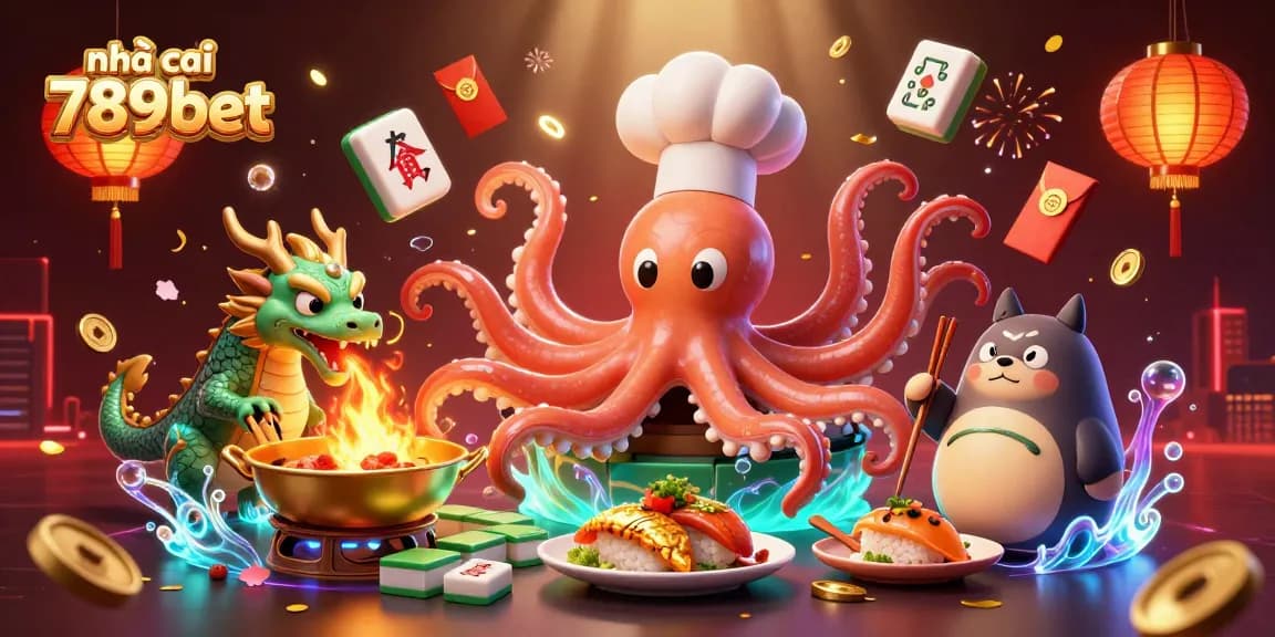 Join the vibrant action at nhà cái 789bet with a colorful 3D illustration featuring an octopus chef and dragon!