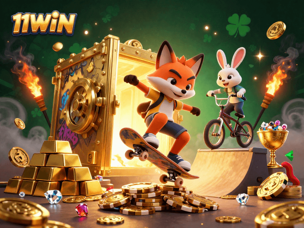 Experience thrilling action with 11WIN as a skateboarder fox soars over golden poker chips in this dynamic casino scene.