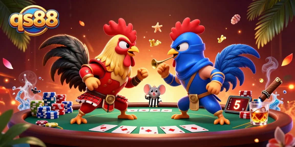 Engage with thrilling action at qs88 featuring fighting roosters amidst poker excitement.