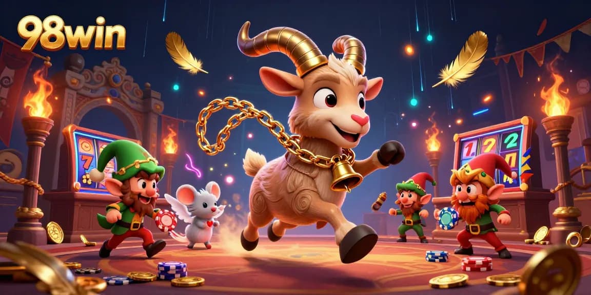 98win brings excitement to life with a festive casino scene featuring playful characters and dynamic gameplay elements.