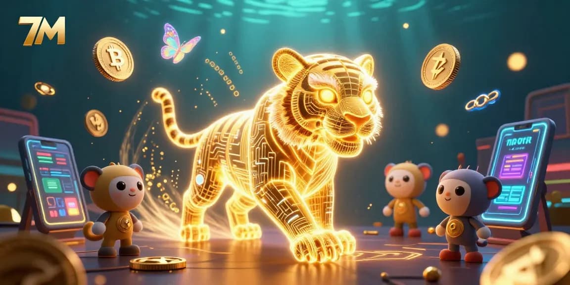 Engage in the excitement of 7M's vibrant casino world featuring neon-lit characters and crypto elements.