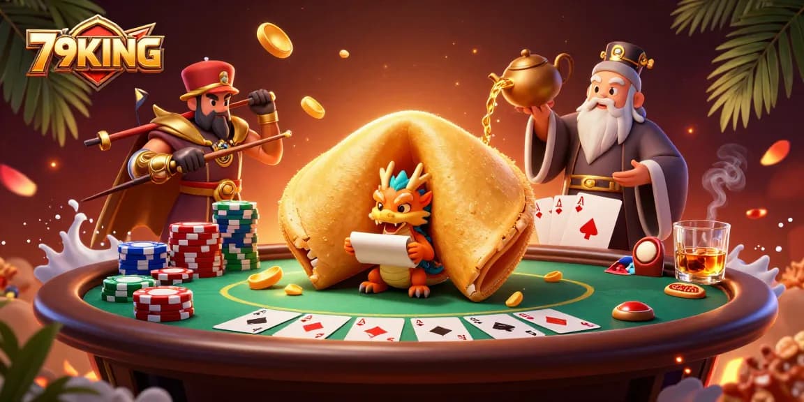 Engage with 79KING's dynamic casino scene featuring a fortune cookie, poker chips, and vibrant game elements.