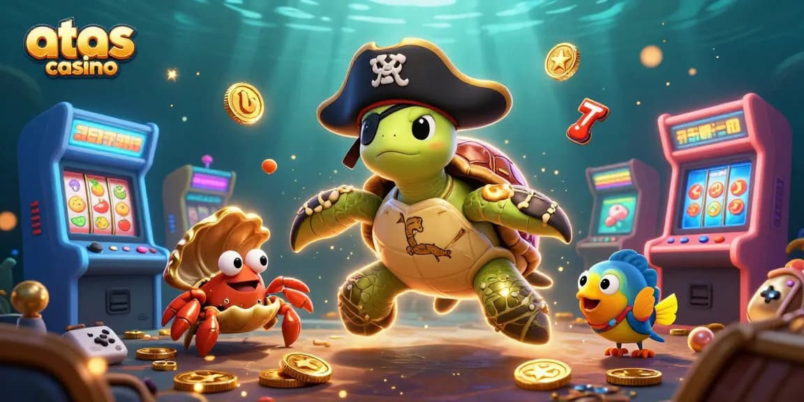 Play at atas casino with colorful gaming elements and a fun underwater theme featuring a pirate turtle.