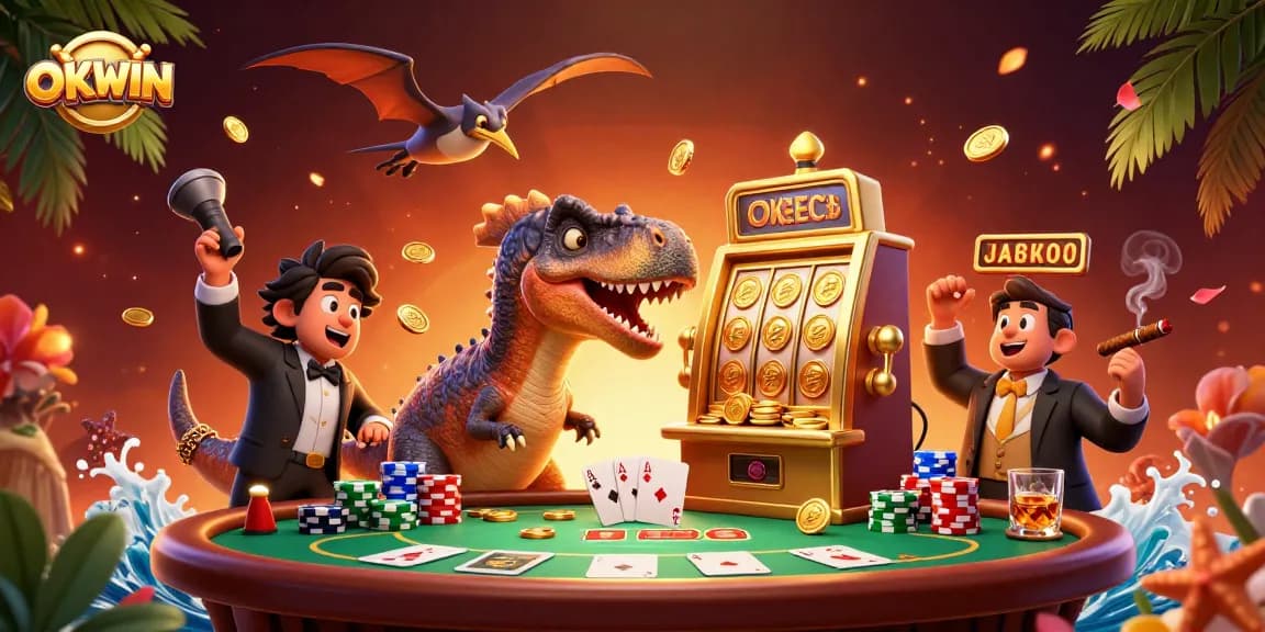 Experience the dynamic thrill of OKWIN as a pachycephalosaurus interacts with a golden slot machine, surrounded by vibrant casino elements.
