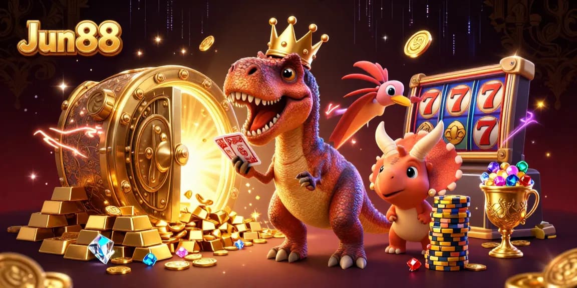 Experience winning strategies with Jun 88 in this vibrant casino-themed illustration depicting a T-Rex and friends.
