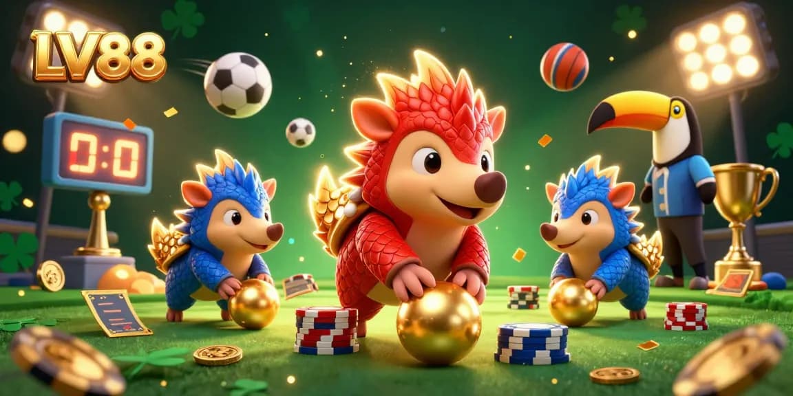 Join the excitement at LV88 as rival pangolins roll golden balls through poker chips, showcasing thrilling casino action.
