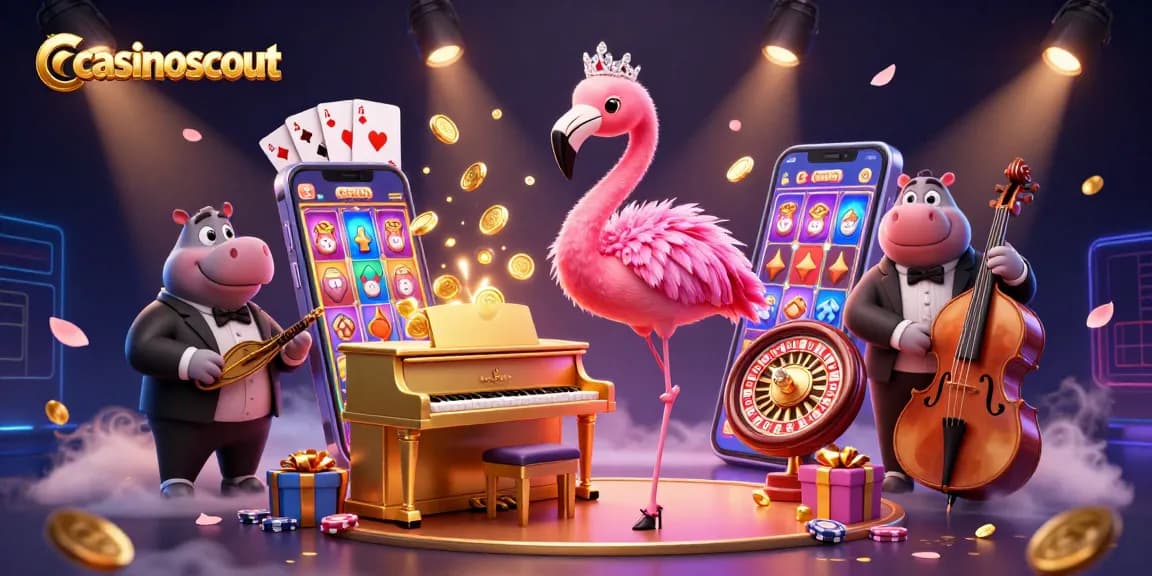 Play exciting pokies with casinoscout in a vibrant casino scene featuring a lounge singer and animated game elements.
