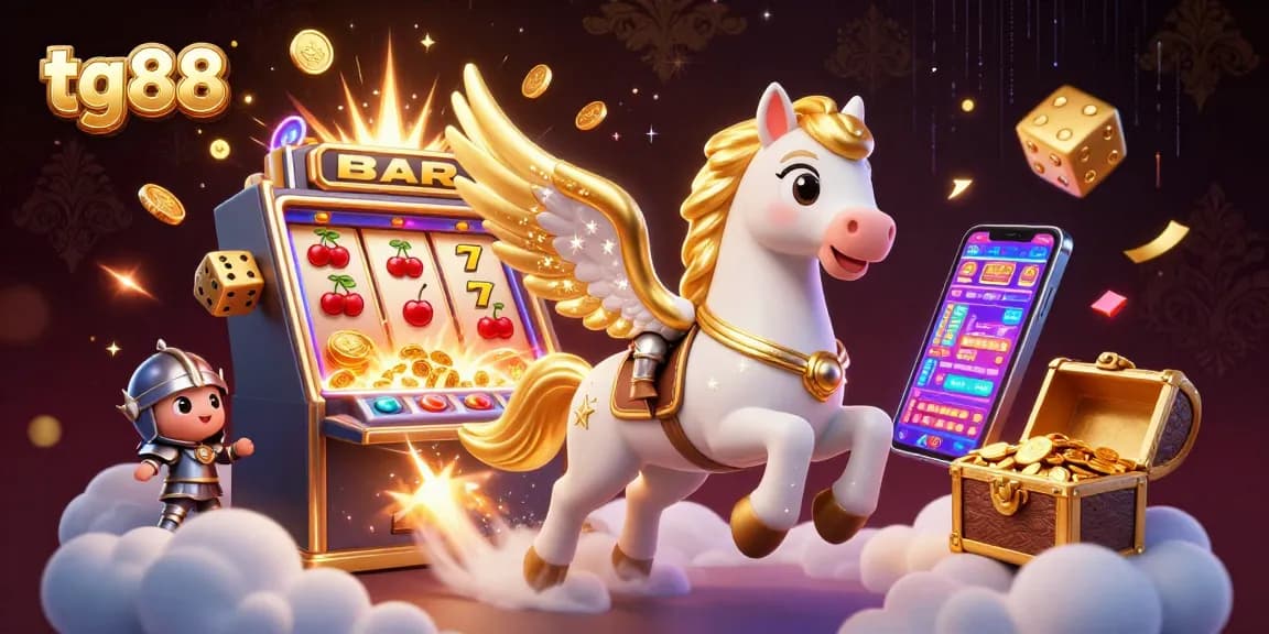 Experience the excitement of tg88 with a dynamic 3D scene featuring a celestial horse and jackpot-filled slot machine.