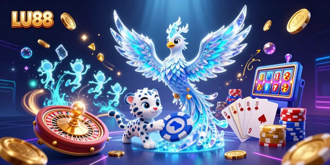 LU88 features a captivating scene of an ice phoenix and snow leopard in a vibrant casino atmosphere.