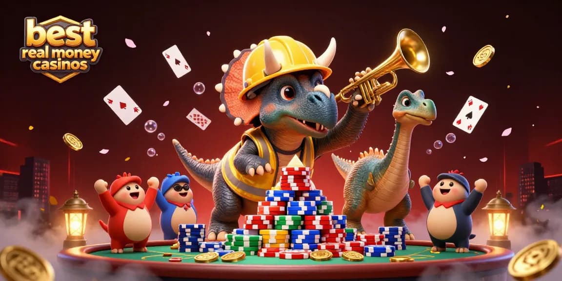 Building poker chip pyramids at the best real money casinos, featuring lively 3D characters celebrating in a vibrant casino scene.
