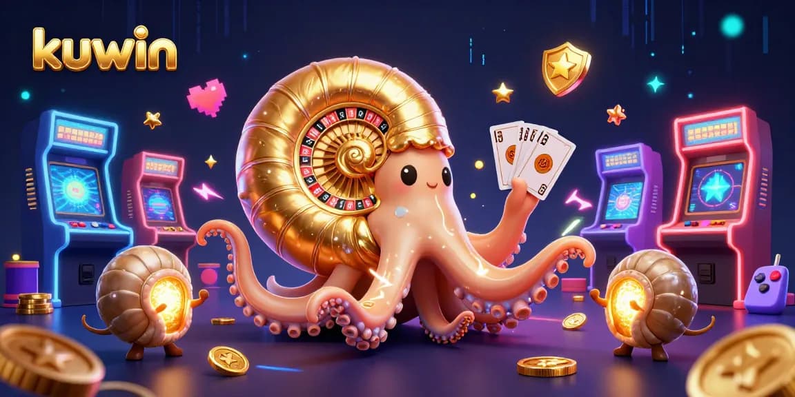 Kuwin players celebrate winning at a vibrant online casino featuring a giant nautilus roulette