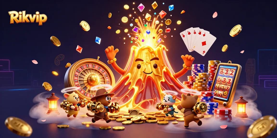 Join the excitement at Rikvip with a thrilling eruption of coins and treasures in this dynamic casino scene.