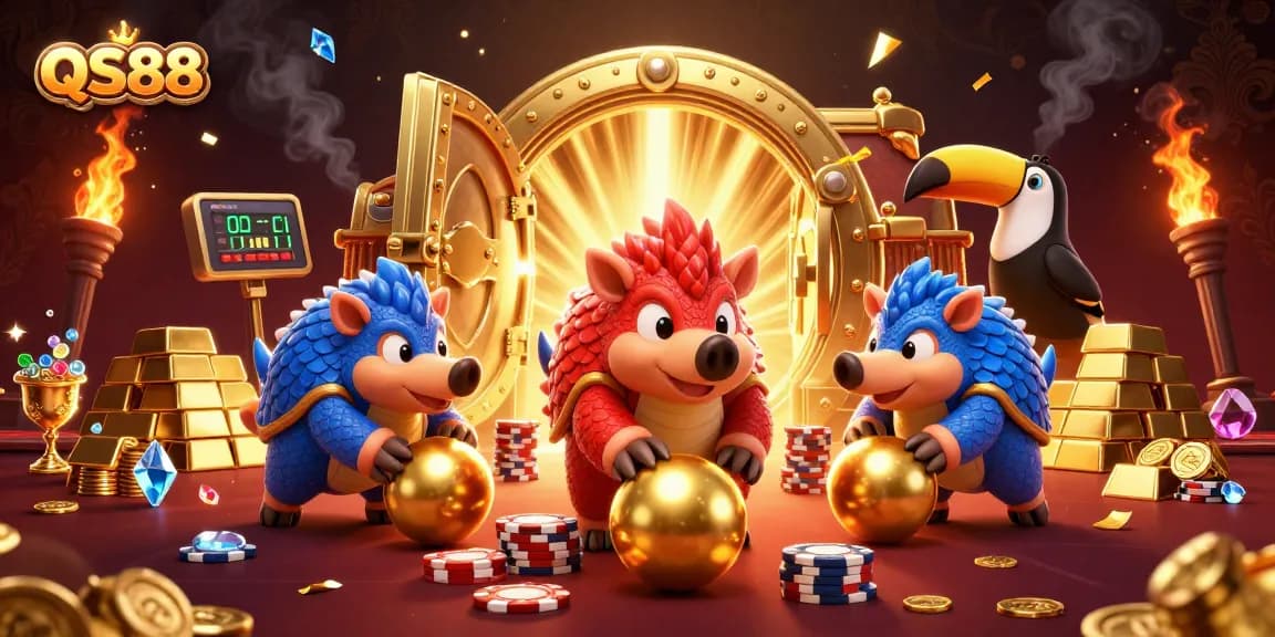 Experience the excitement of QS88 with vibrant pangolins and casino elements in an animated showdown.