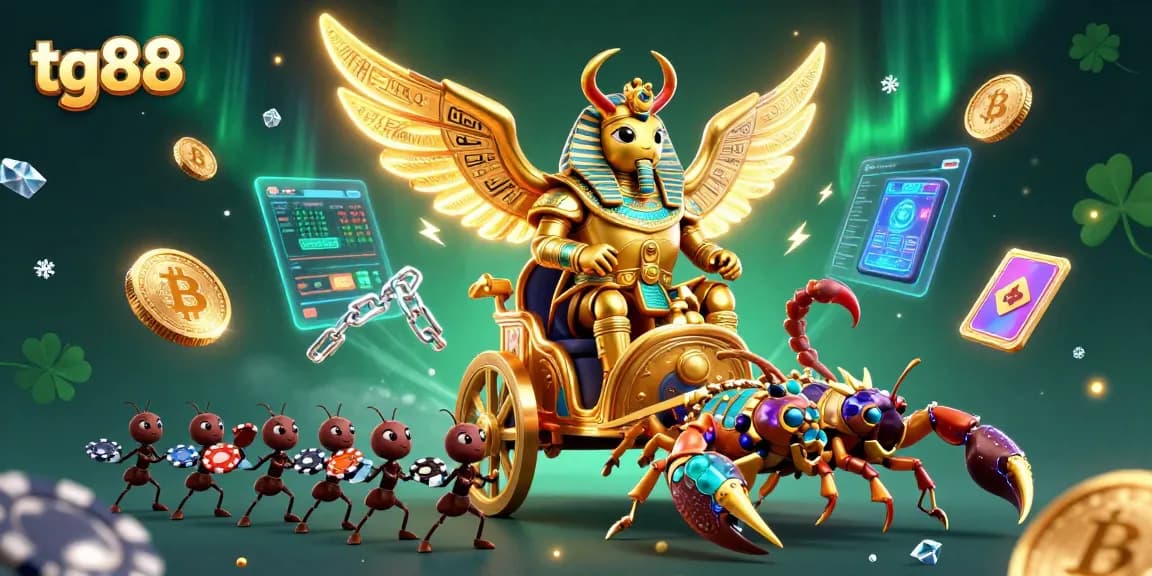 Engage with tg88 as the colossal golden scarab beetle rides a majestic chariot offering casino thrills.
