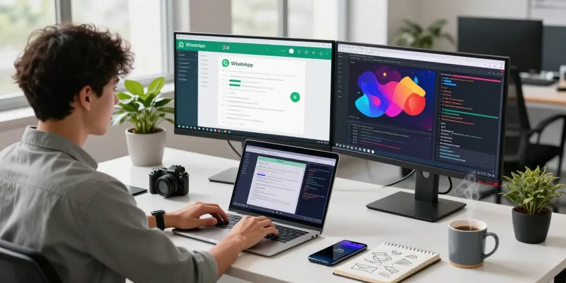 Person using WhatsApp網頁版 in a modern office setting, showcasing a productive tech workspace.