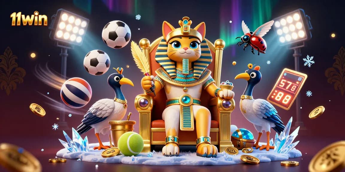 Bet on thrilling games at 11WIN with an Egyptian pharaoh cat and dynamic sports elements.