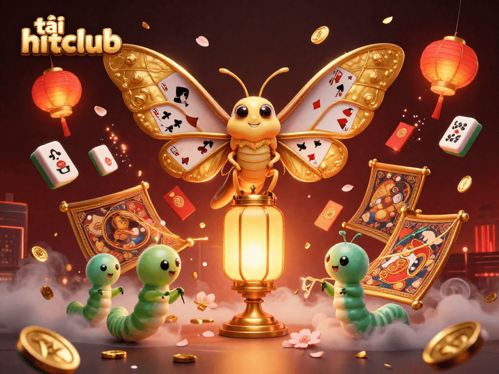 Engage with tải hitclub through vibrant casino scenes with 3D illustration of golden moth and mystical elements.