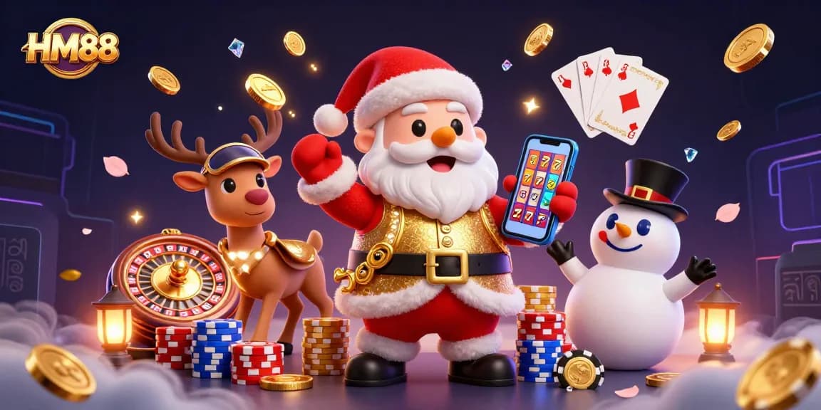 Enjoy thrilling gameplay with HM88 as Santa celebrates big wins in a vibrant casino scene.
