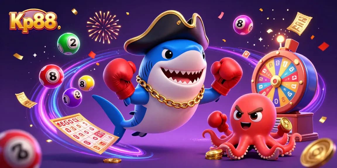 Kp88 engages players with colorful lottery balls and friendly casino characters in an exciting atmosphere.