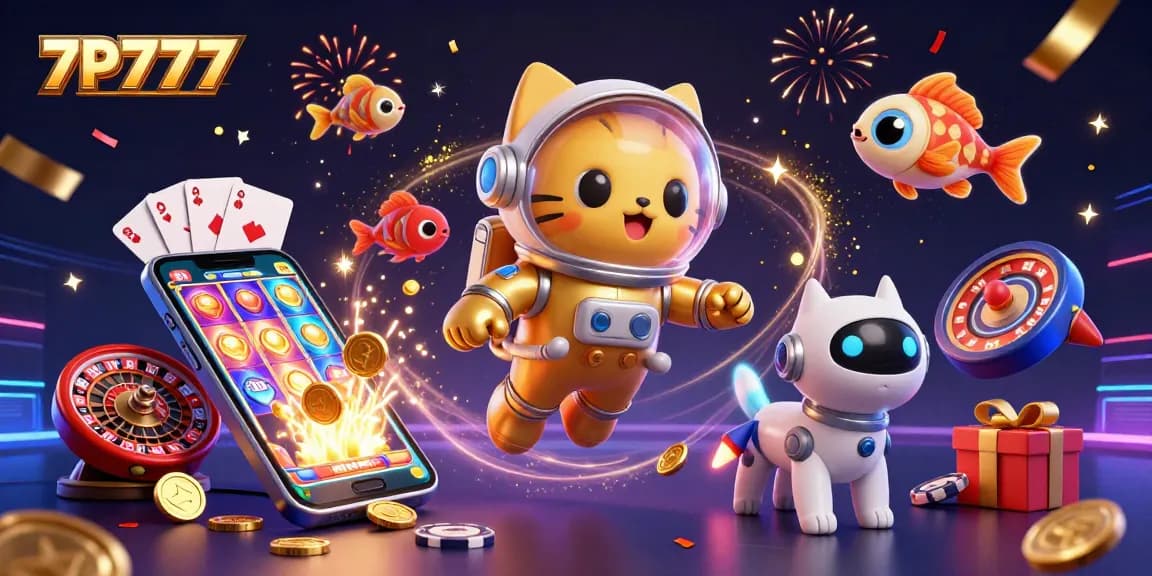 Experience the thrill of 7P777 with an exciting 3D scene featuring an astronaut cat and casino games.