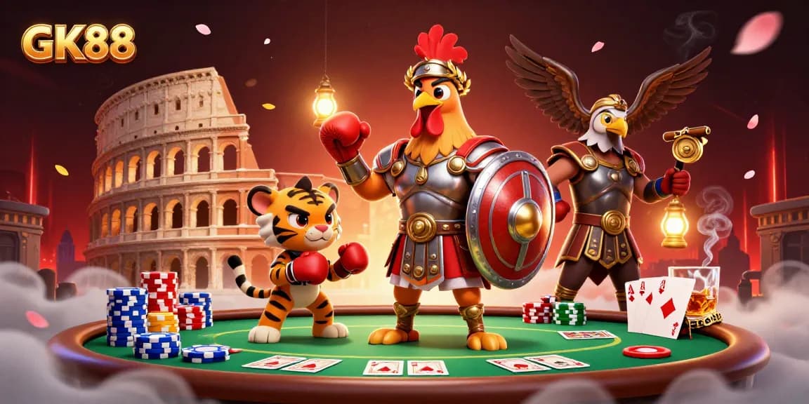 Engage with GK88's thrilling poker showdown featuring a gladiator rooster and boxing tiger.
