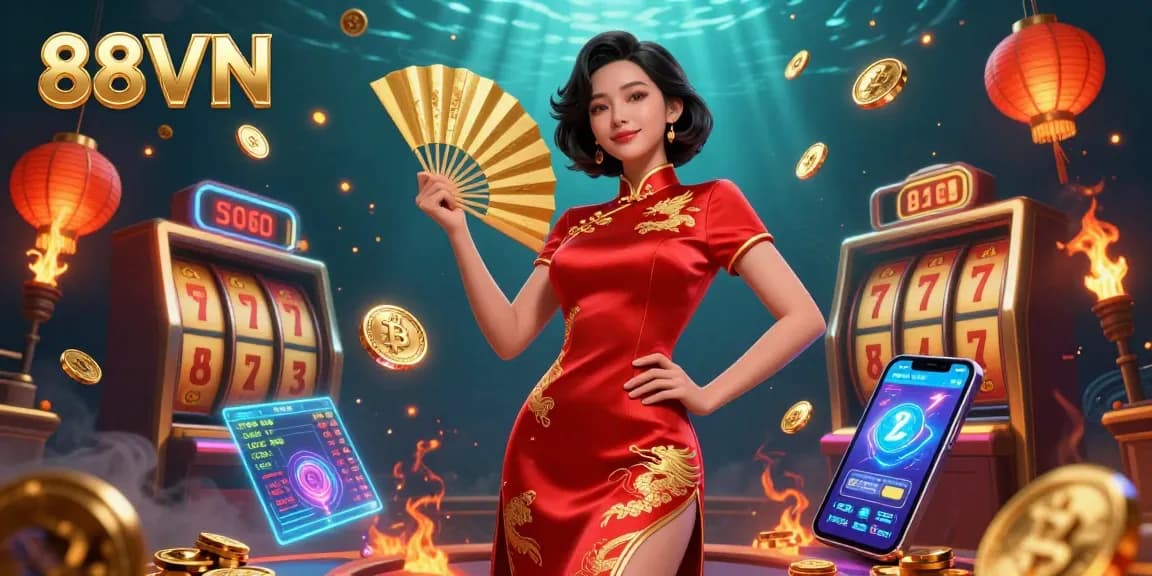 Engage with 88VN's vibrant casino atmosphere featuring stunning Asian beauty amidst golden coins and slot reels.