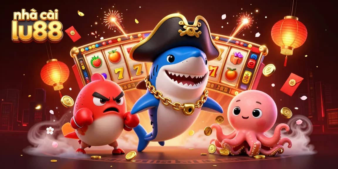Experience the excitement of nhà cái lu88 with vibrant characters and dynamic slot elements in a stunning 3D illustration.