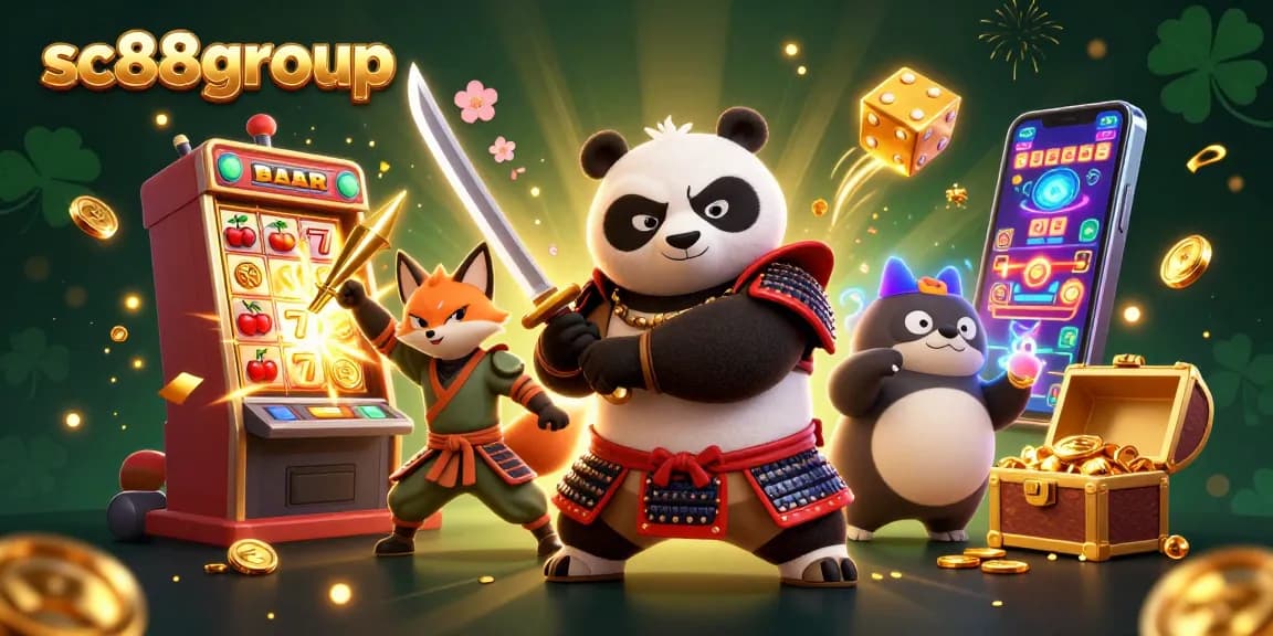 Engage with sc88group's vibrant gaming scene featuring a samurai panda and dynamic jackpot elements.