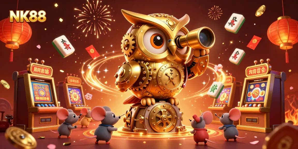 Experience vibrant casino excitement at NK88 with a golden owl overseeing thrilling games.