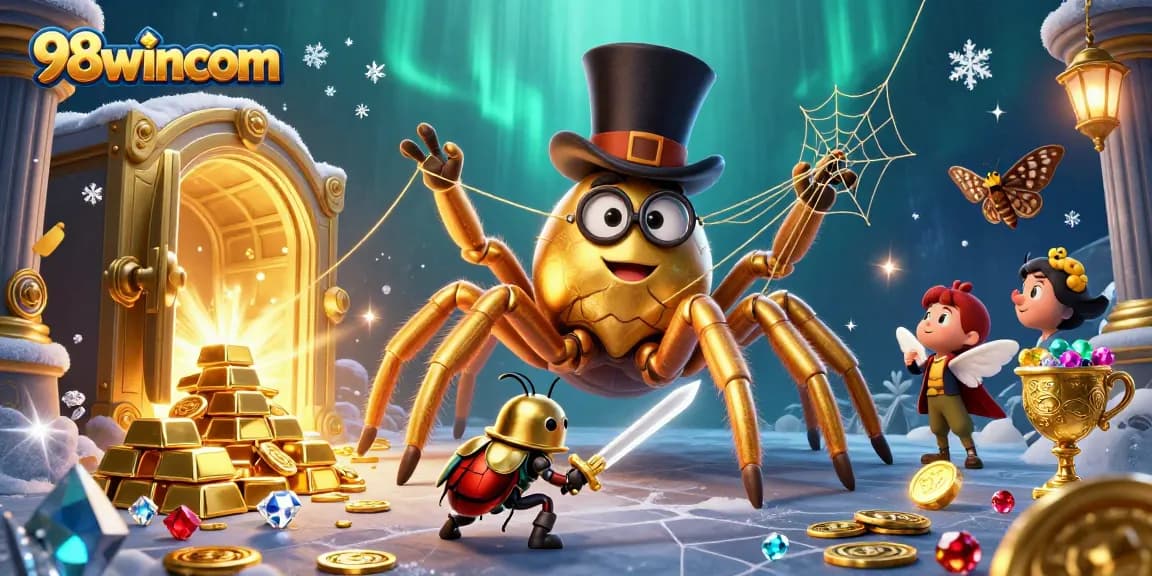 Engage with 98wincom's vibrant casino world featuring a golden tarantula and brave knight.