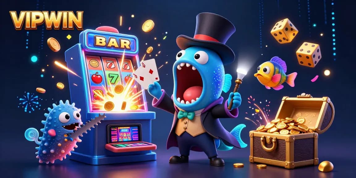 VIPWIN entertain players with a vibrant illustration of underwater casino gaming elements featuring winning characters and dynamic action.