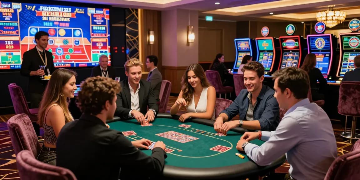 Exciting scene at nhà cái ok8386 with friends enjoying card games at a modern casino table