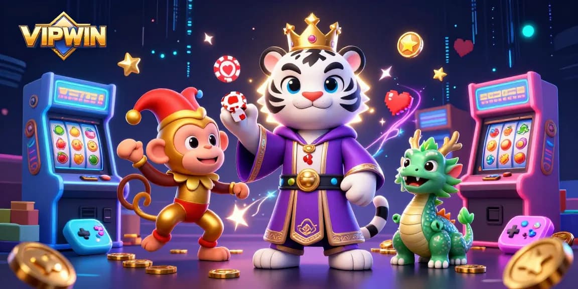 Engage with the vibrant gaming world of VIPWIN featuring an animated tiger, monkey, and jade dragon in a lively casino scene.