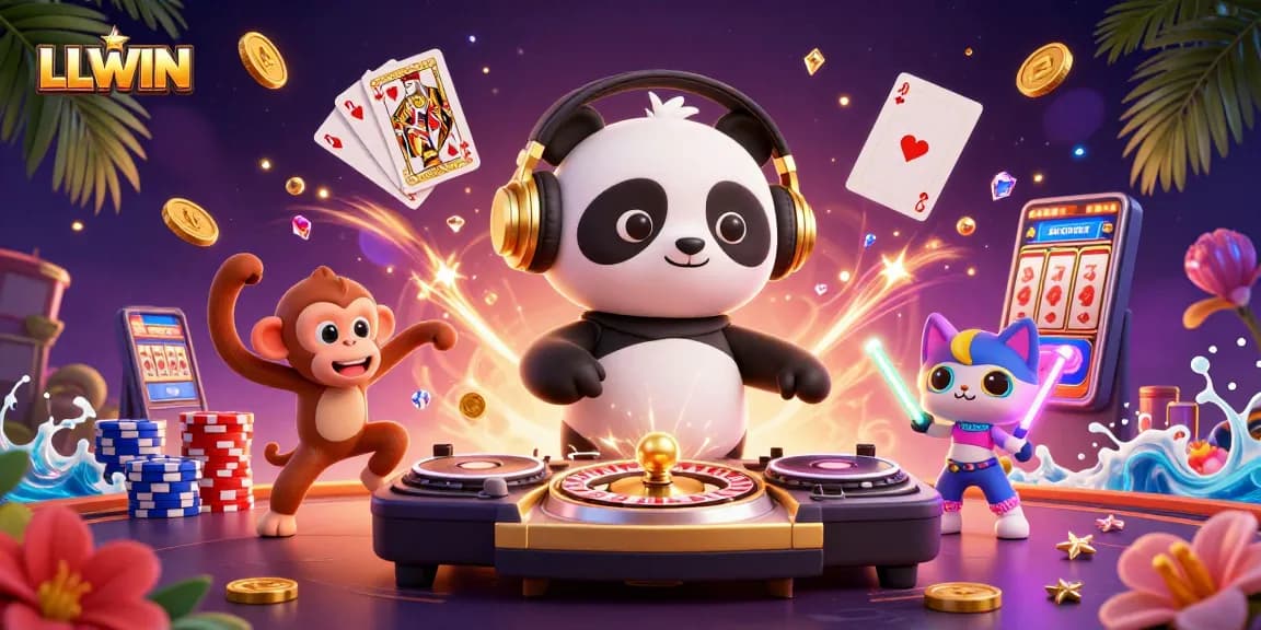 LLWIN energetic scene with cartoon characters enjoying casino games and celebrating wins.