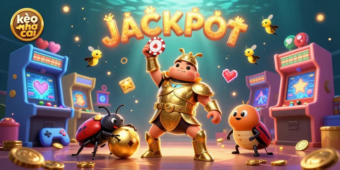 Play with kèo nhà cái while a hercules beetle lifts a poker chip in a vibrant casino-themed scene.