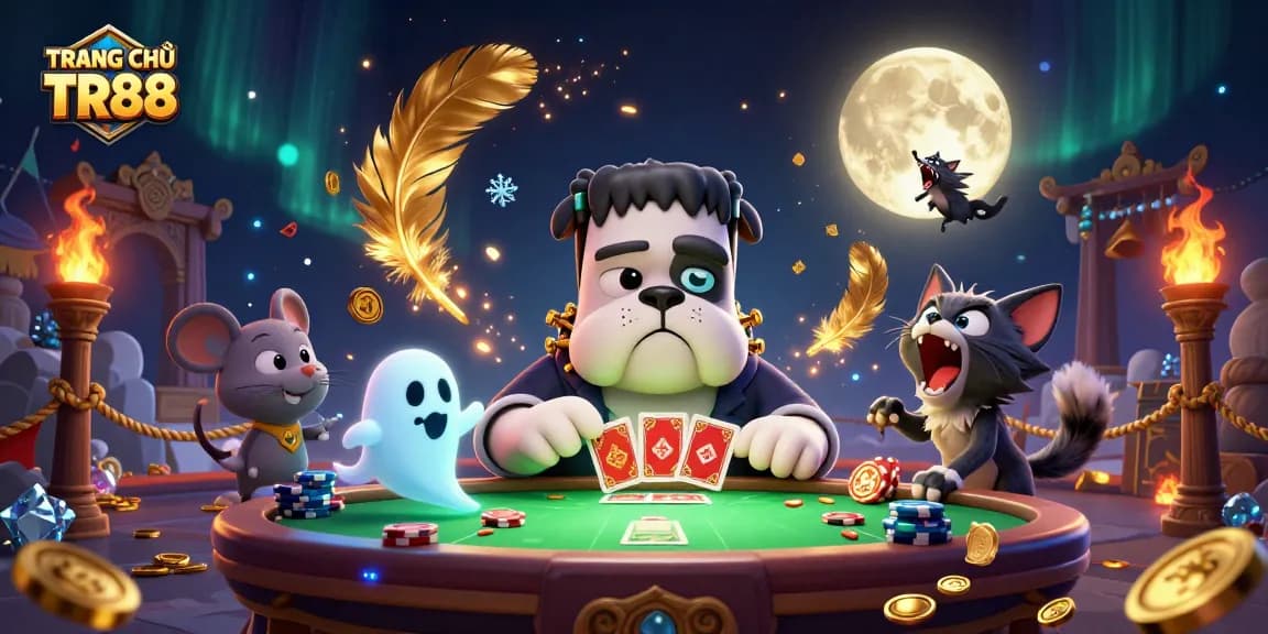 Engage with TRANG CHỦ TR88 as a 3D cartoon Frankenstein bulldog monster deals cards at an exciting casino scene.