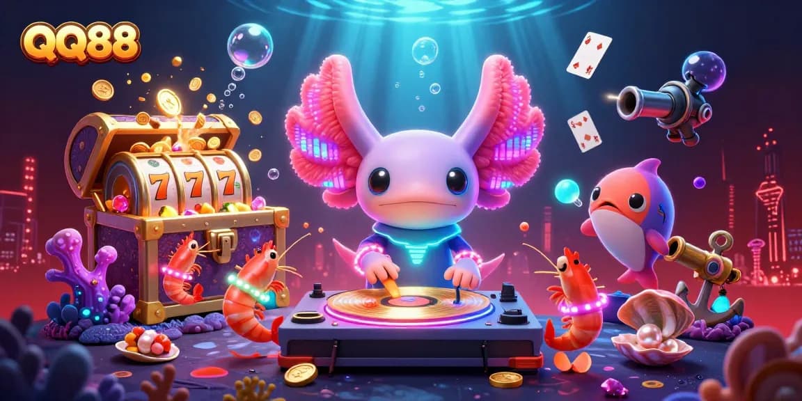 Engage with QQ88's vibrant underwater casino scene featuring neon axolotl DJ and spinning slot reels.