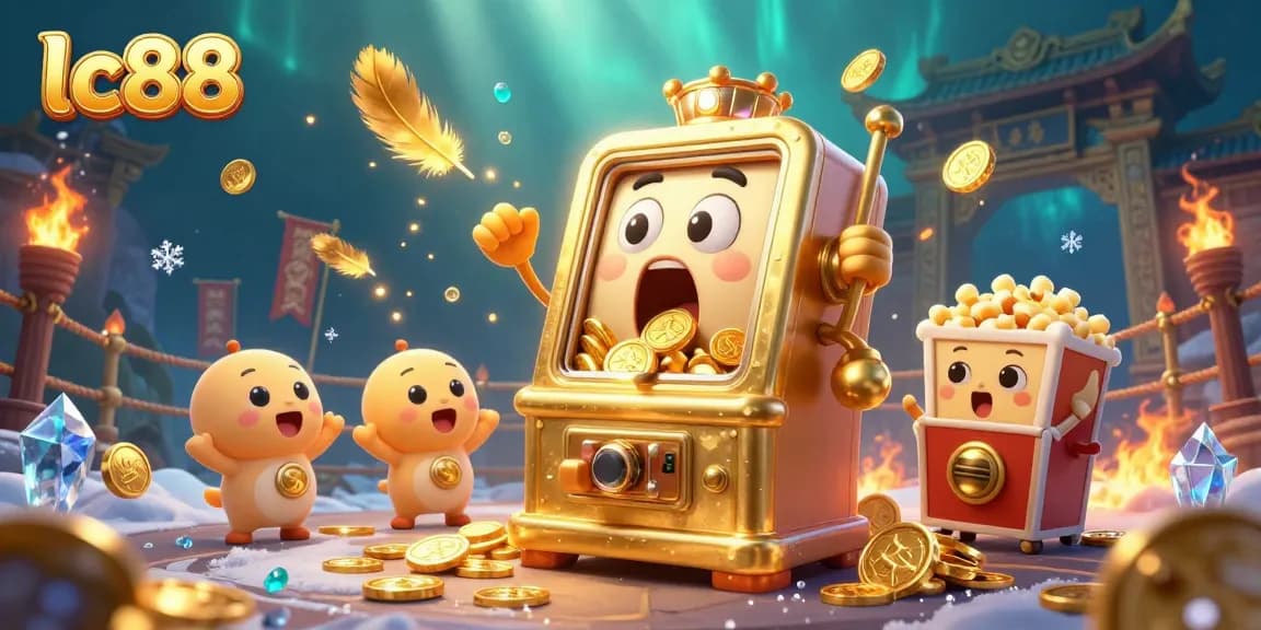 lc88 celebrates jackpot wins with a golden slot machine and cheering companions in a vibrant casino setting.