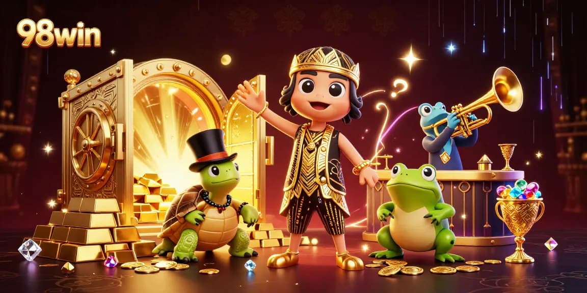 Experience thrilling 98win adventures with treasure and action-filled casino elements in a vibrant scene.