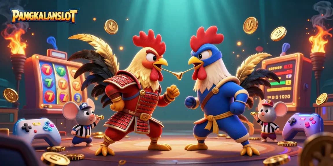 PANGKALANSLOT roosters battle in a vibrant casino-themed scene with colorful slot machines.