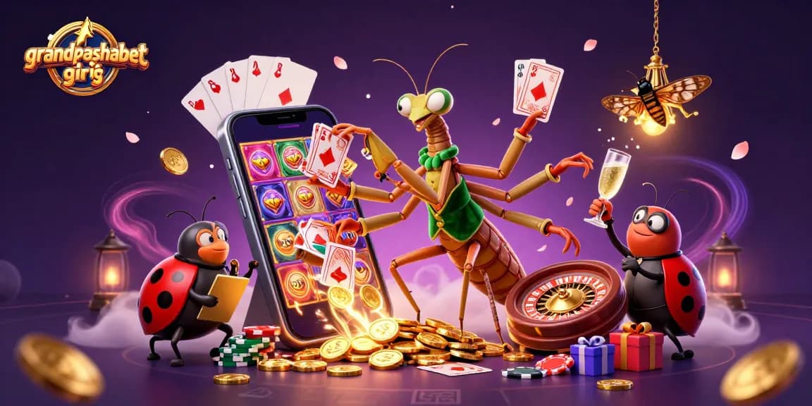 Grandpashabet giriş features vibrant characters and dynamic casino elements in an engaging illustration.