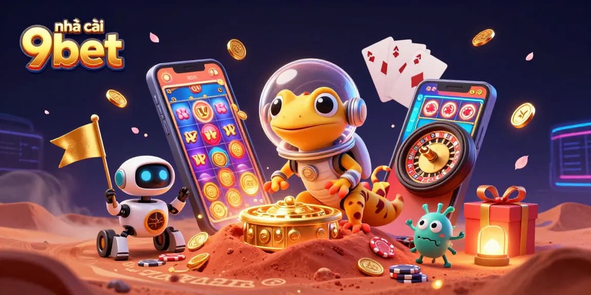 Engage with the dynamic universe of nhà cái 9bet as a Martian gecko uncovers a vibrant casino in this 3D illustration.
