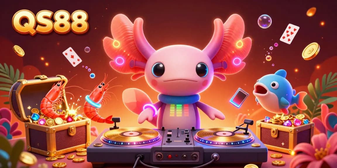 Experience the vibrant QS88 underwater casino scene with an axolotl DJ, dancing shrimp, and treasure chests.